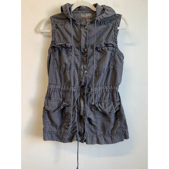MUDD Women’s Vest Utility Full Zip Snap Hooded Cargo Washed Gray Size Medium - Picture 1 of 7